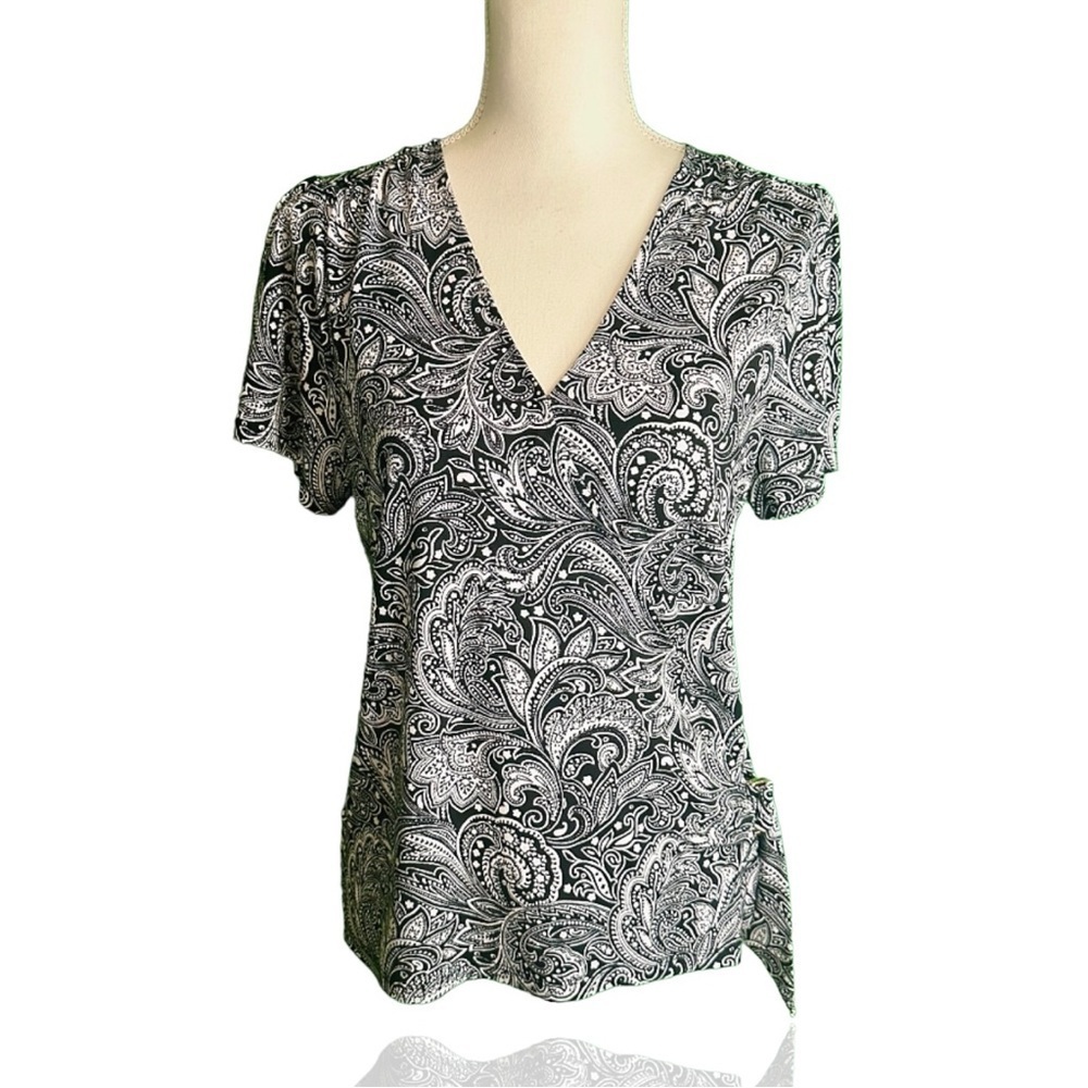 MICHAEL Michael Kors Black & White Paisley Print Faux Wrap Top W/ Buckle Detail